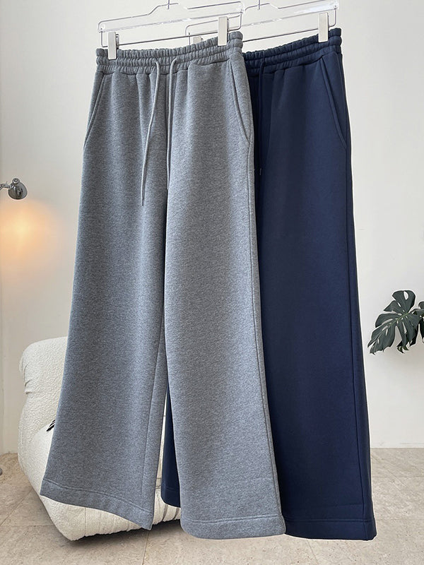 Simple Solid Color Drawstring  Waist Velvet Casual Wide Leg Pants