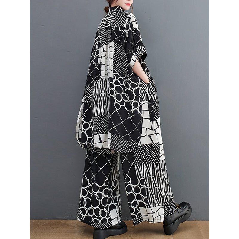 Original Loose Contrast Color Plaid Polka-Dot Blouse&Wide Legs Pants Two Pieces Set