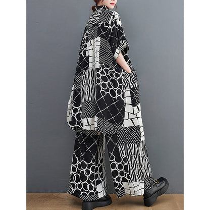 Original Loose Contrast Color Plaid Polka-Dot Blouse&Wide Legs Pants Two Pieces Set