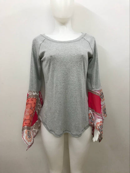 Autumn Solid Color Round Neck Long Sleeve Print Loose Stitching Top
