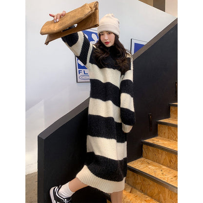 Stylish Loose Striped V-Neck Sweater Dresses