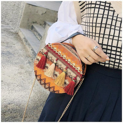 Autumn National Style Contrast Color Tassels One-Shoulder Crossbody Small Round Bag