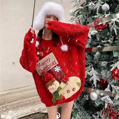 Christmas Red Knit Sweater Socks Snowman Doll