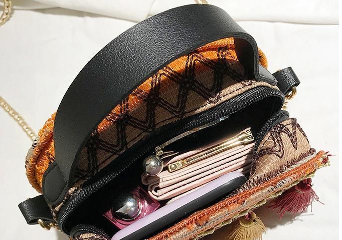 Autumn National Style Contrast Color Tassels One-Shoulder Crossbody Small Round Bag