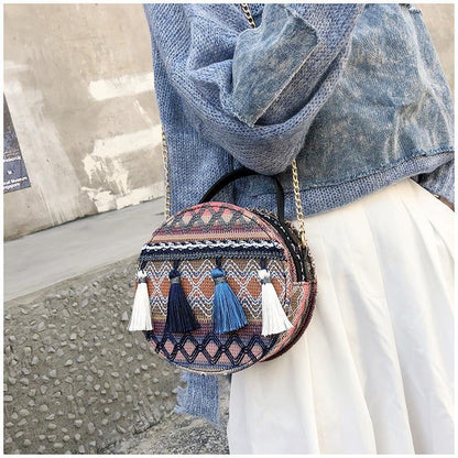 Autumn National Style Contrast Color Tassels One-Shoulder Crossbody Small Round Bag