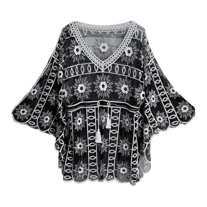 Ethnic Embroidered Hollow-Out Batwing Sleeve Lace Top - Loose, Lightweight, Versatile V-Neck Outerwear For Women