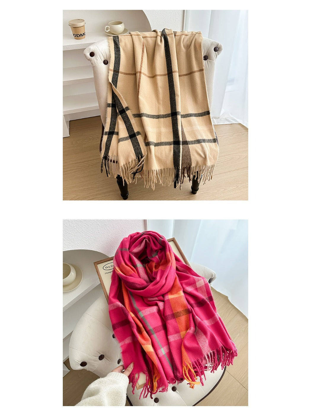 Scarvii - Reversible Color-Block Plaid Scarf with Fringe