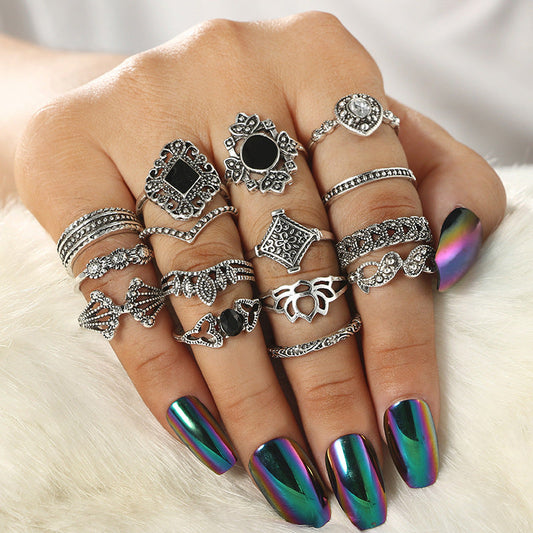 15 Piece Ring Set Personalized Fashion Style Hollow Out Lotus Sunflower Geometry Black Gem Set Ring