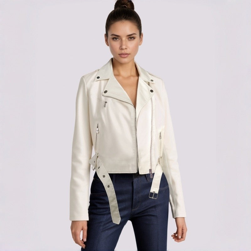 PU Retro Belted Biker Jacket Lapel Collar