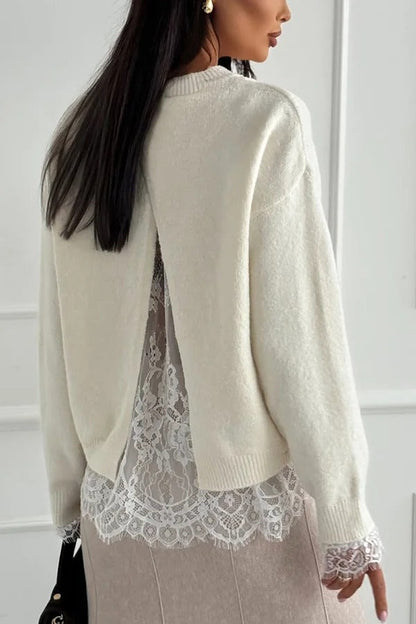 Caitlin Knit Lace Trim Patchwork Long Sleeve Back Slit Relaxed Sweater