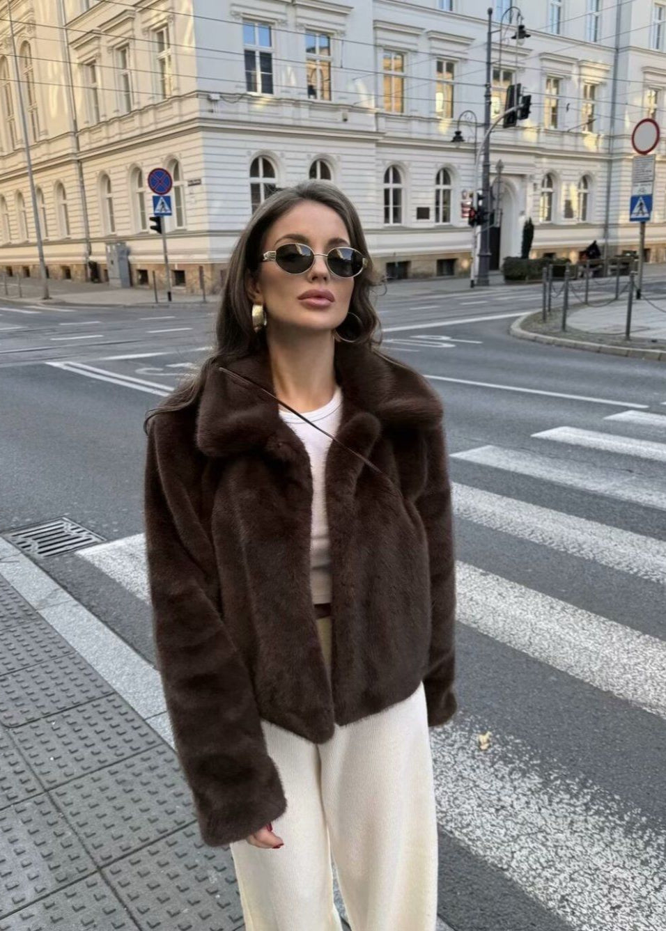 Short Coat Plush Faux Fur Dark Brown