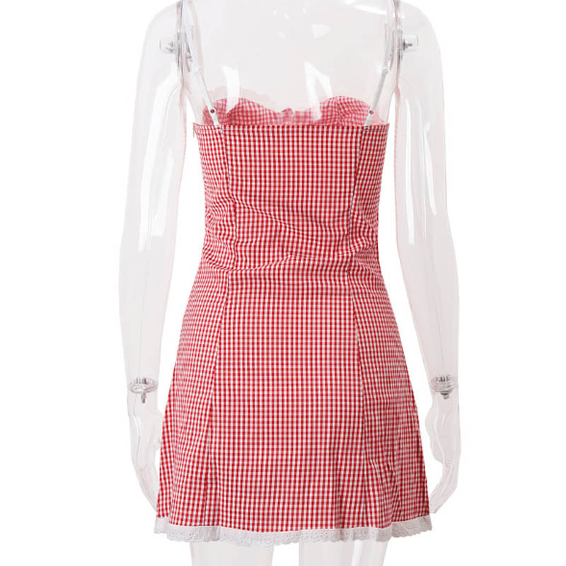 Sexy Spaghetti Strap Plaid Backless Mini Dress