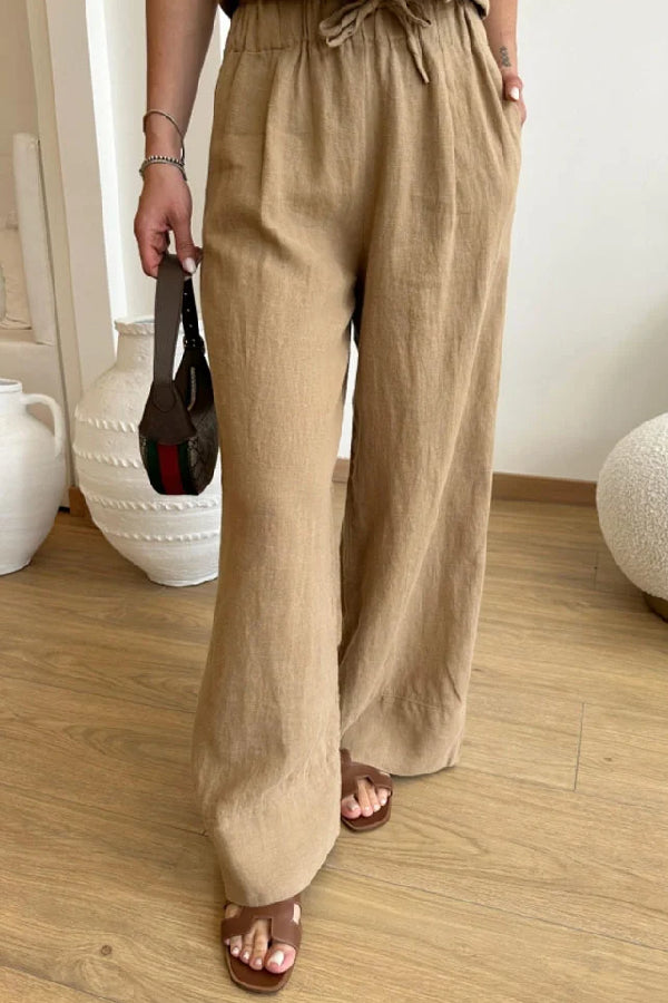 Casual Solid Color Cotton Linen Vest \u0026 Lace-Up Pants Two-Piece Set