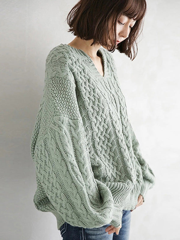 Stylish Loose Jacquard Solid Color V-Neck Sweater