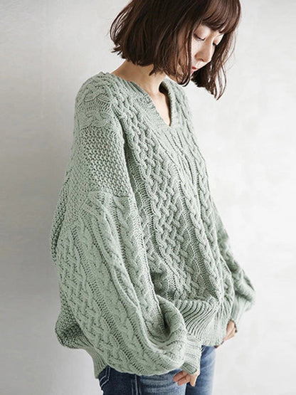 Stylish Loose Jacquard Solid Color V-Neck Sweater