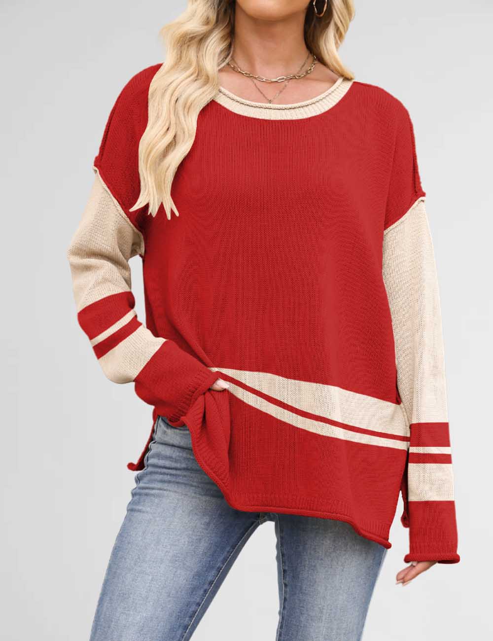 Color Block Round Neck Loose Sweater
