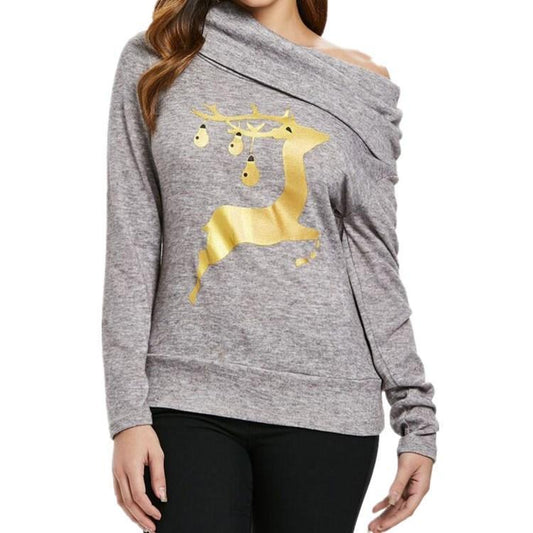 Christmas Deer Printed Heap Collar Long Sleeve Hoodie