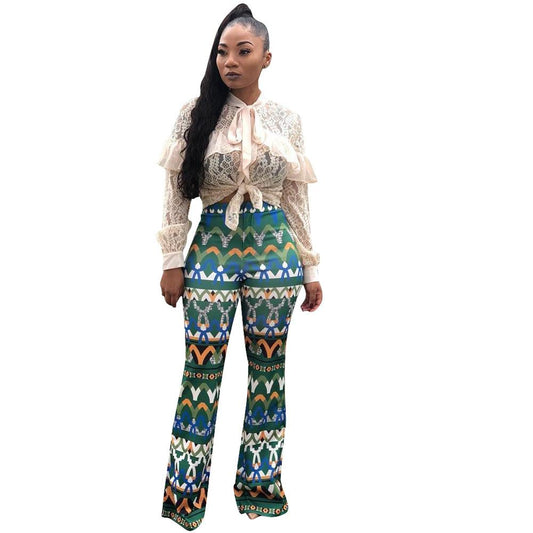 Yt3073 Fashionable Floral Print Green Leisure Pants Women'S Printed Micro Trumpet Trousers