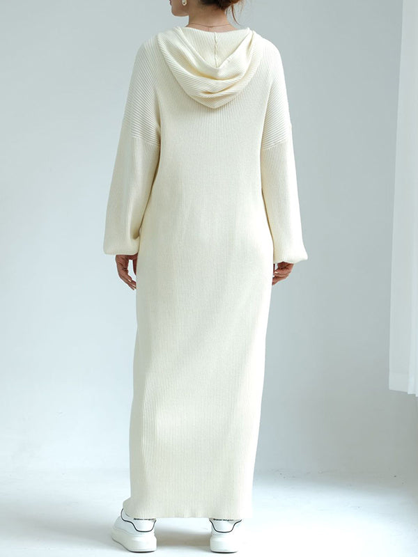 Solid Color Loose Long Sleeves Hooded Sweater Maxi Dresses
