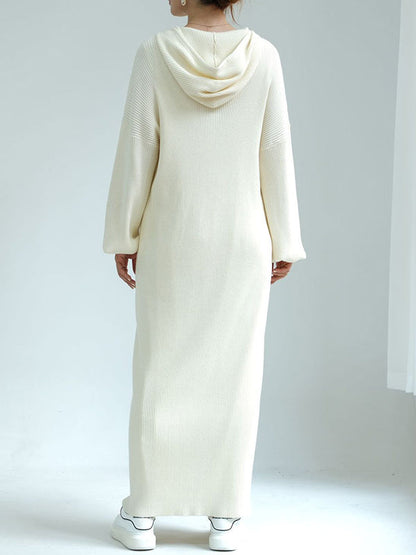 Solid Color Loose Long Sleeves Hooded Sweater Maxi Dresses