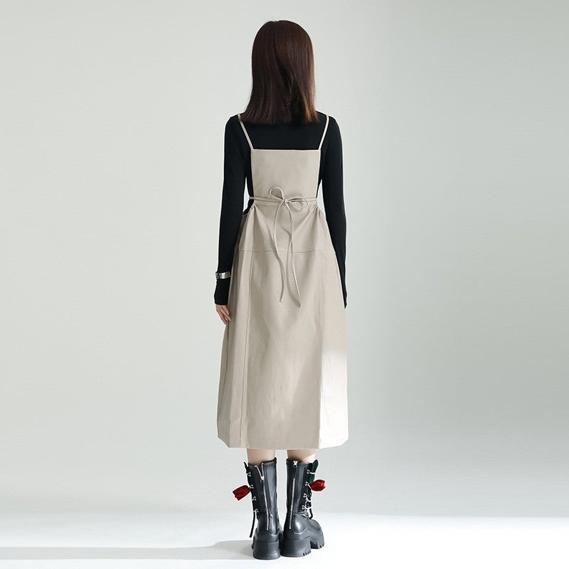 Cotton Polyester Sleeveless Dress Tied Waist Lace Collar