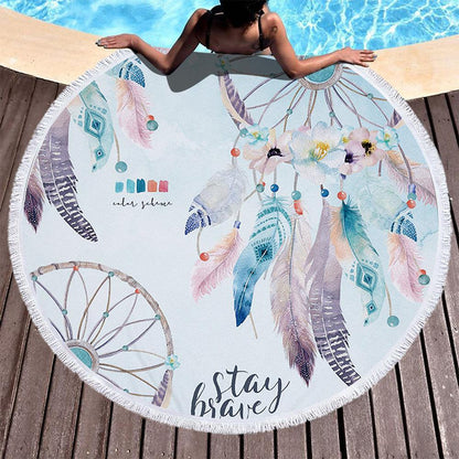 Dream Catcher Feather Round Yoga Mat Print Tassel Beach Towel