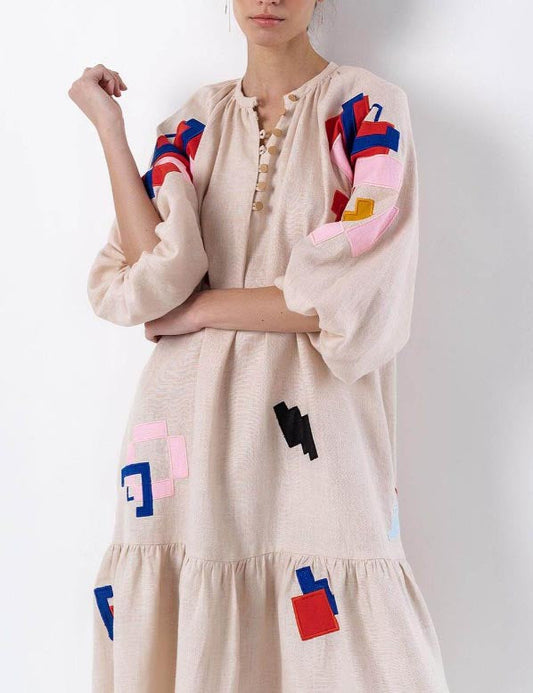 Lantern Sleeves Print Loose Midi Dress