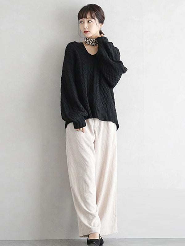 Stylish Loose Jacquard Solid Color V-Neck Sweater