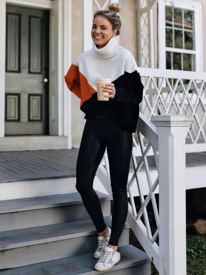 Original Loose Split-Joint Contrast Color High-Neck Long Sleeves Sweater Top