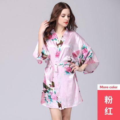 Silk Nightgown Women'S Summer Mid Sleeve Peacock Pajamas Bathrobe Large Size Home Clothes 2