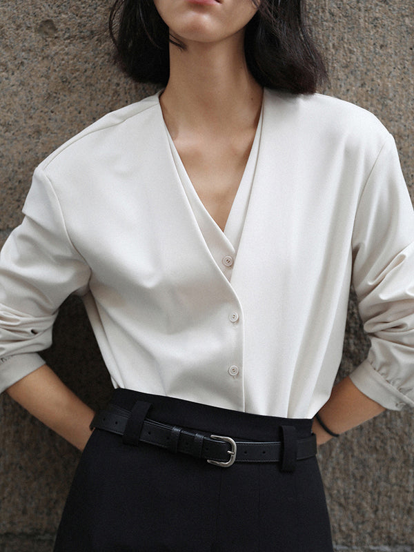 Solid Color V-Cut Double Layered Buttoned Retro Long Sleeves Blouses