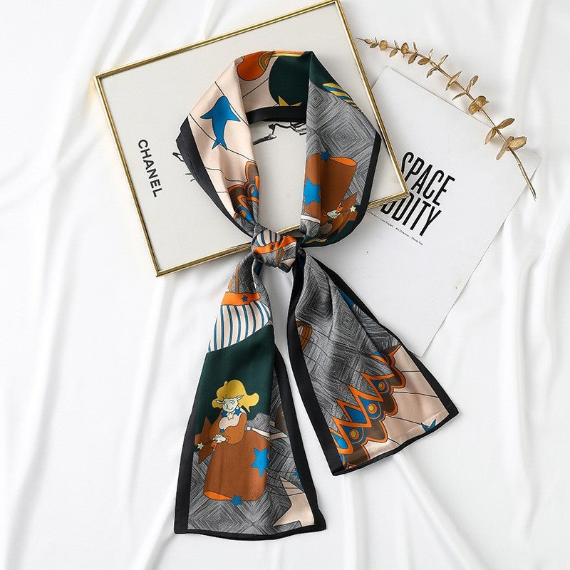 Long Printed Imitation Silk Tied Scarf