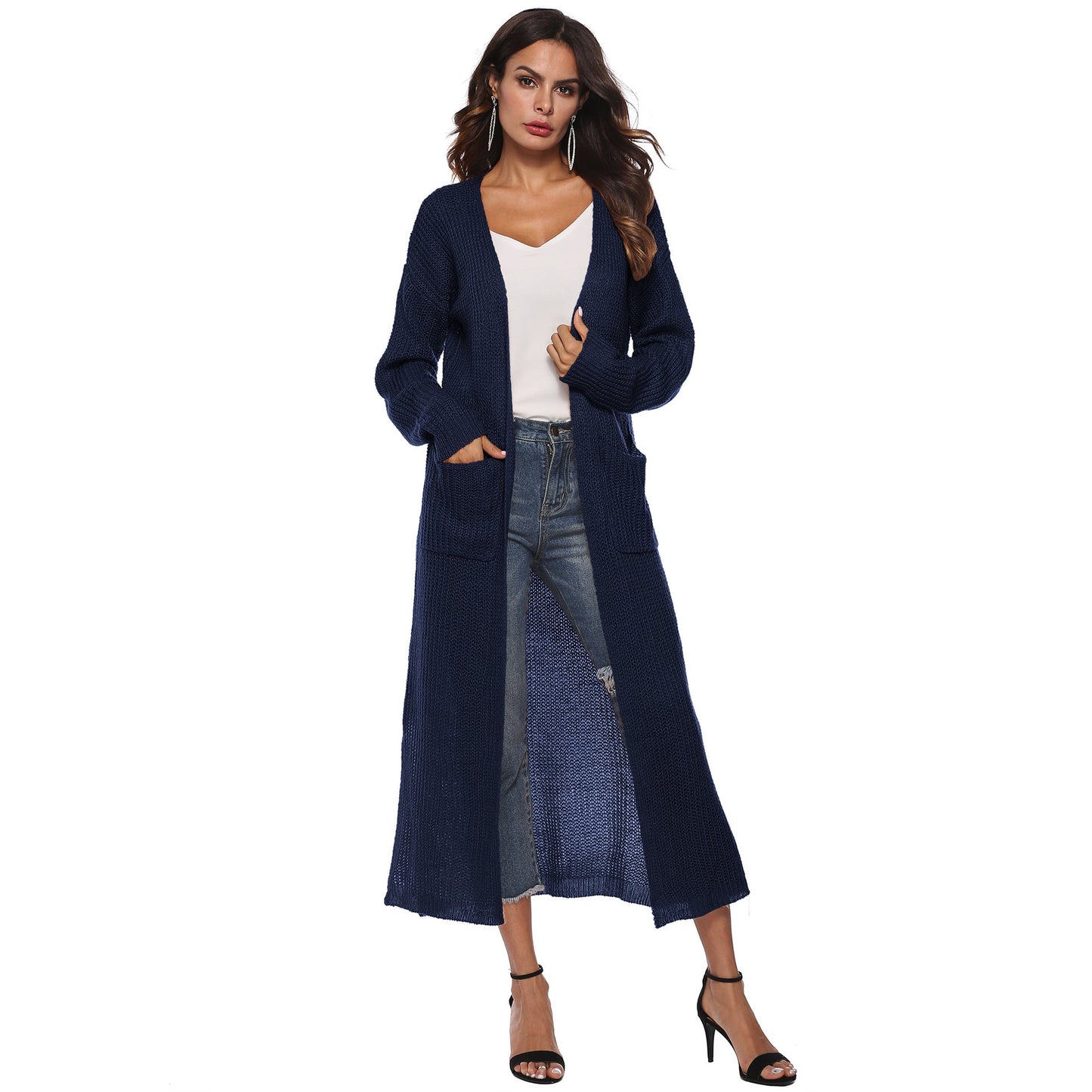 Long Cardigan Sweater With Pockets In Various Colors