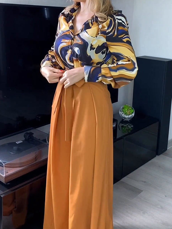 Printed Long Sleeves Buttoned Lapel Blouse + Tied Waist High Waisted Wide Leg Pants Two Pieces Set