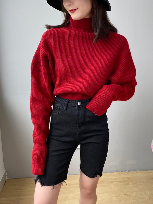 Casual Loose 6 Colors High-Neck Batwing Sleeves Sweater Top