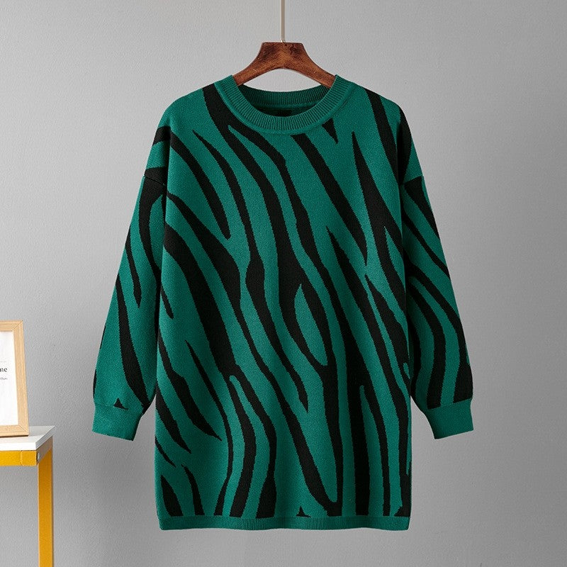 Zebra Print Crew Neck Loose Sweater