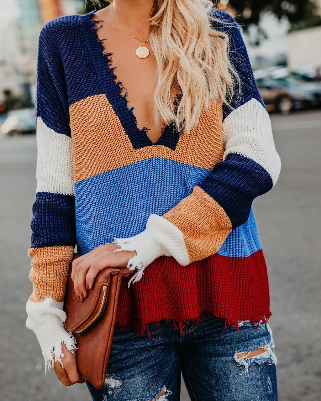 Split Knit Sweater V-Neck Knit Sweater