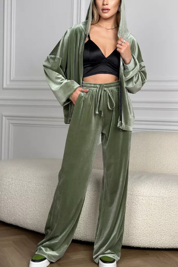 Velvet Zipper Hooded Pure Color Two -piece Suit
