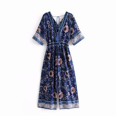 Bohemian V-Neck Retro Floral Wide Leg Jumpsuit