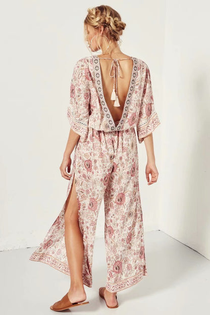 Bohemian V-Neck Retro Floral Wide Leg Jumpsuit