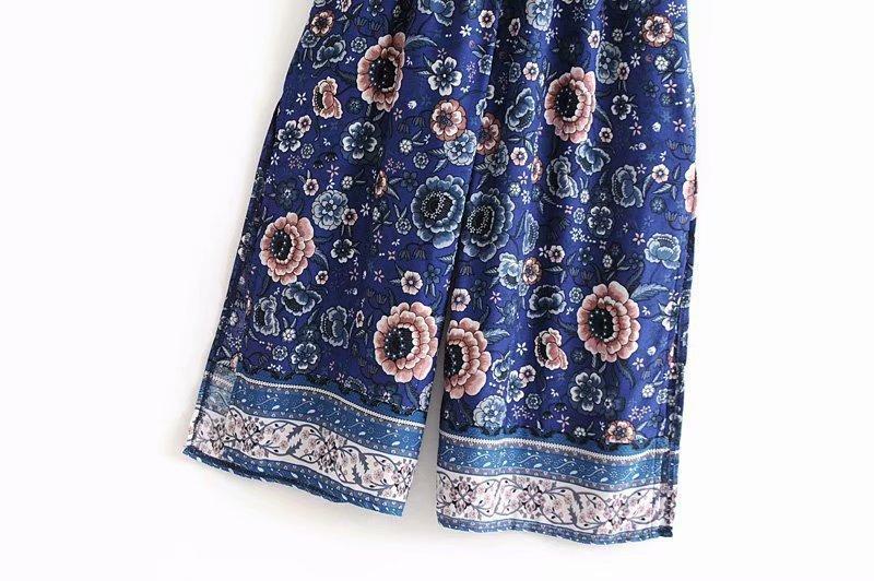 Bohemian V-Neck Retro Floral Wide Leg Jumpsuit