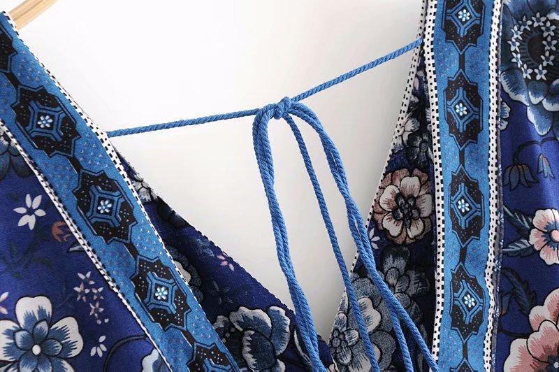 Bohemian V-Neck Retro Floral Wide Leg Jumpsuit