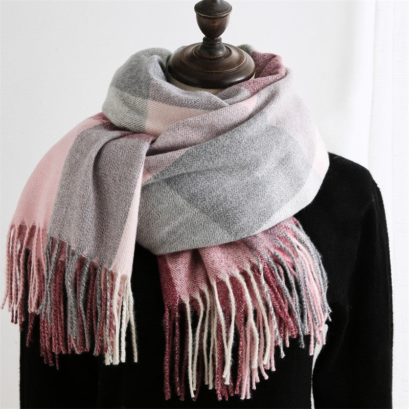 Color Block Plaid Fringe Scarf