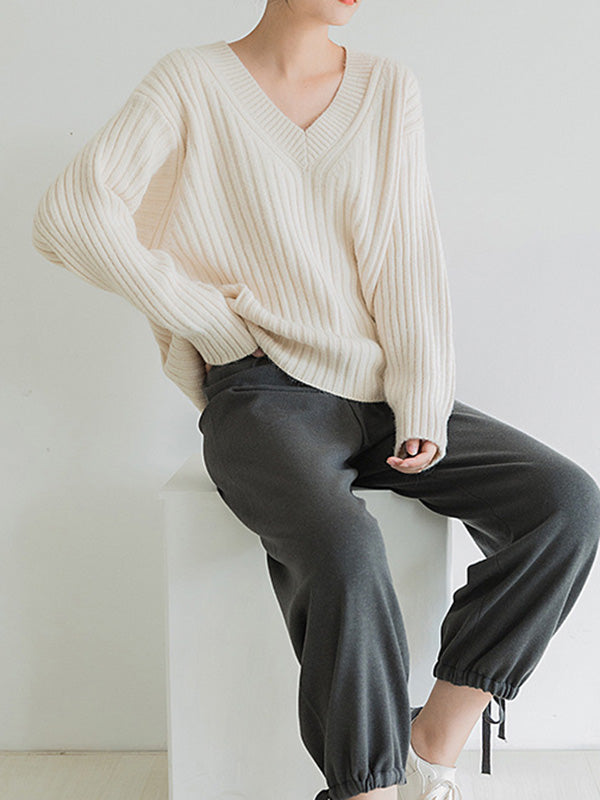 Casual Loose Solid Color V-Neck Sweater Tops
