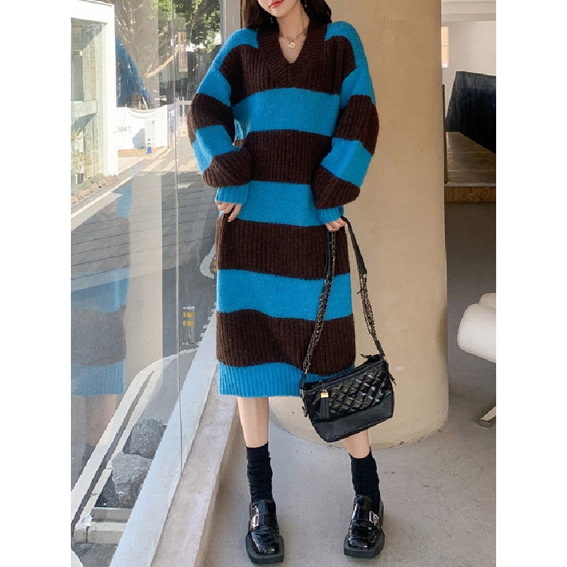 Stylish Loose Striped V-Neck Sweater Dresses