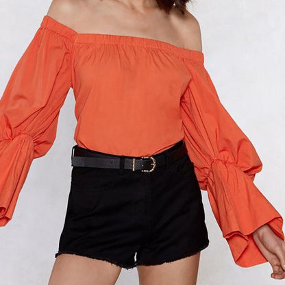 Bohemian Off-The-Shoulder Lantern Sleeves Solid Color Top