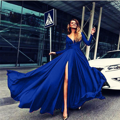 V Neck Long Sleeve Split Party Evening Maxi Dress