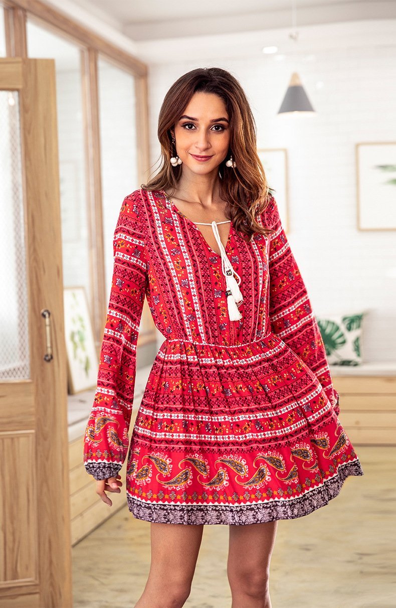 Bohemia Long Sleeve V-Neck Floral Tassel Mini Dress