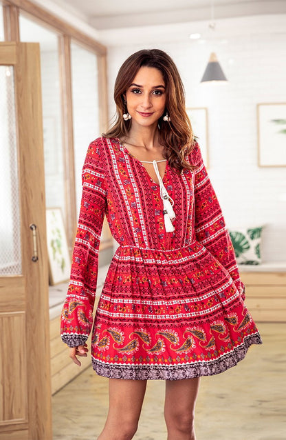 Bohemia Long Sleeve V-Neck Floral Tassel Mini Dress