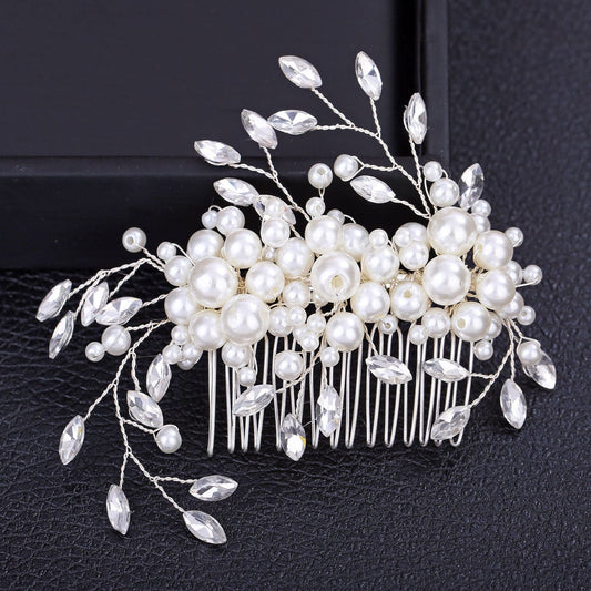 Bridal Wedding Hair Comb with Handmade Pearl Flower and Sparkling Rhinestones